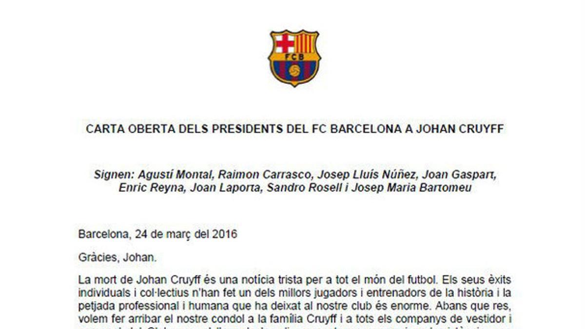 La carta de los presidentes del Barça a Cruyff, publicada el día de su muerte.