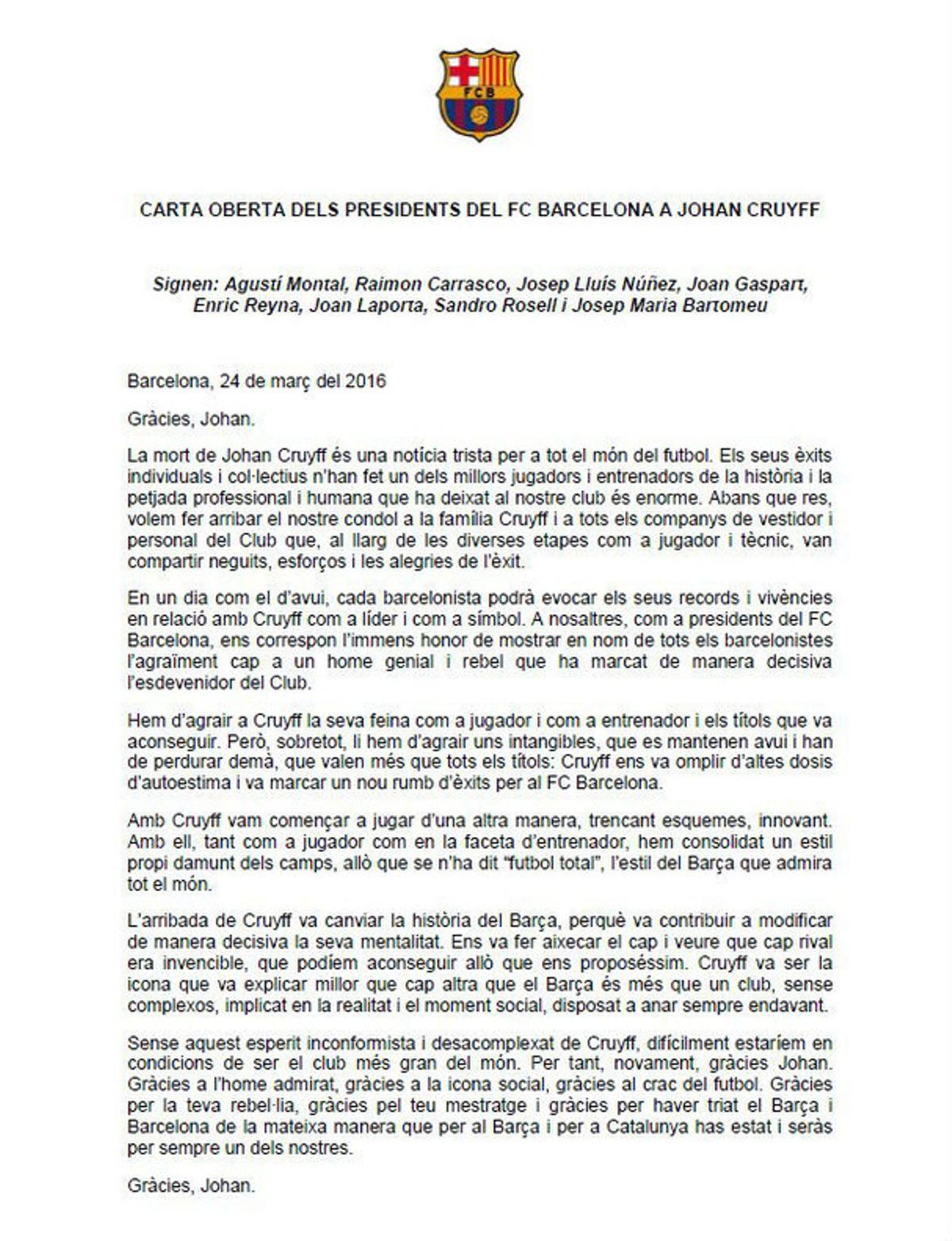 La carta dels presidents del Barça a Cruyff, publicada el dia de la seva mort.
