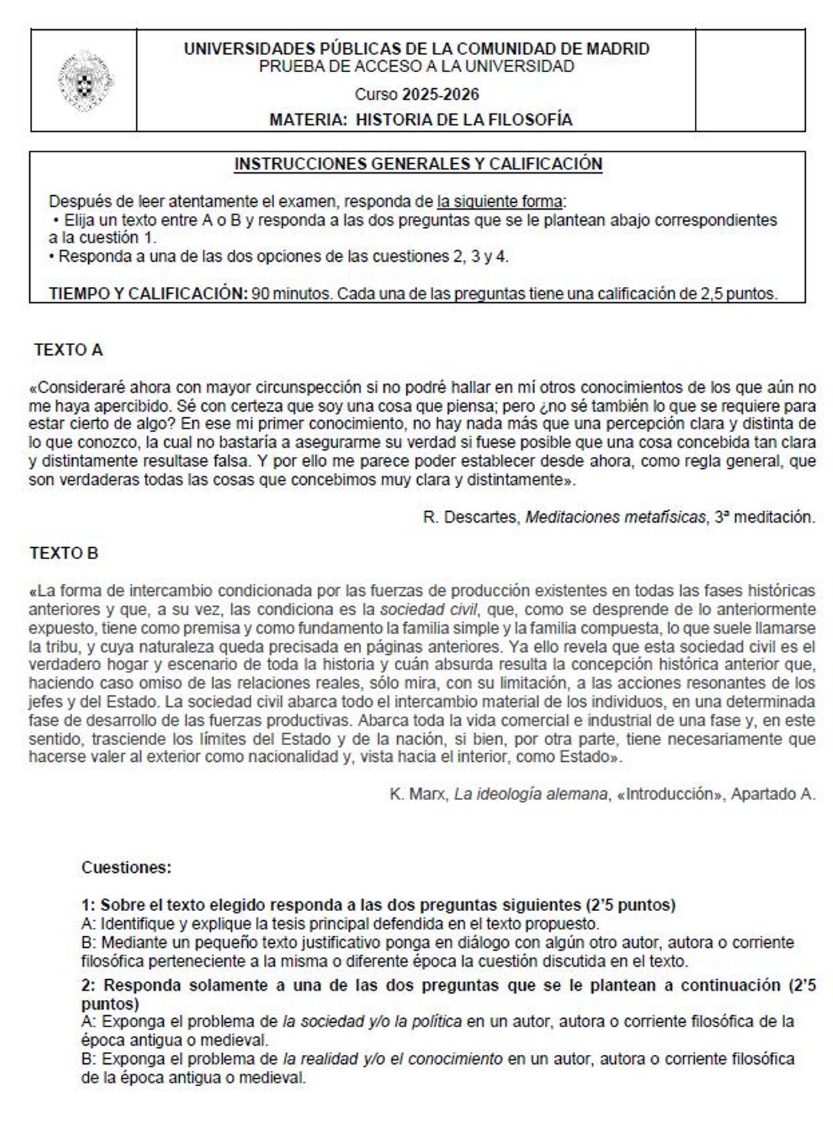 Examen Historia de la Filosofía de la PAU de julio de Madrid