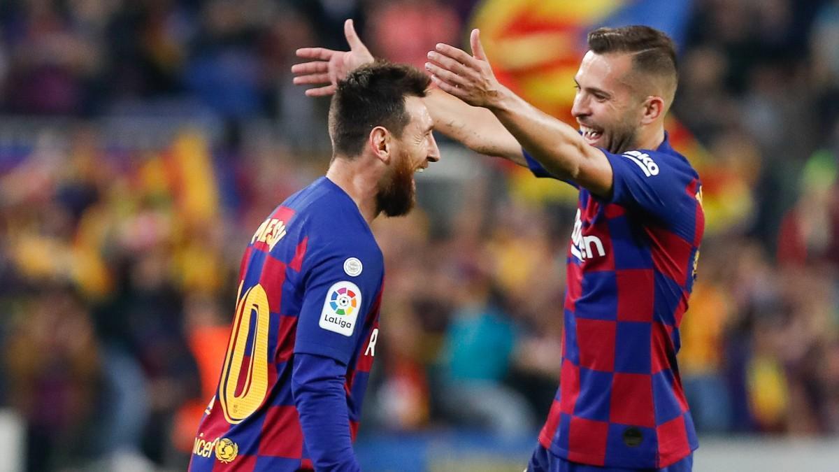Leo Messi y Jordi Alba, celebrando un gol