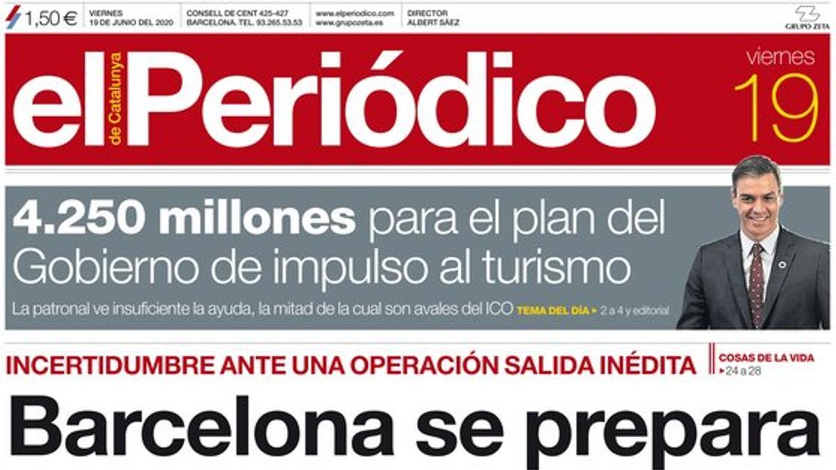 La portada de EL PERIÓDICO del 19 de junio del 2020.