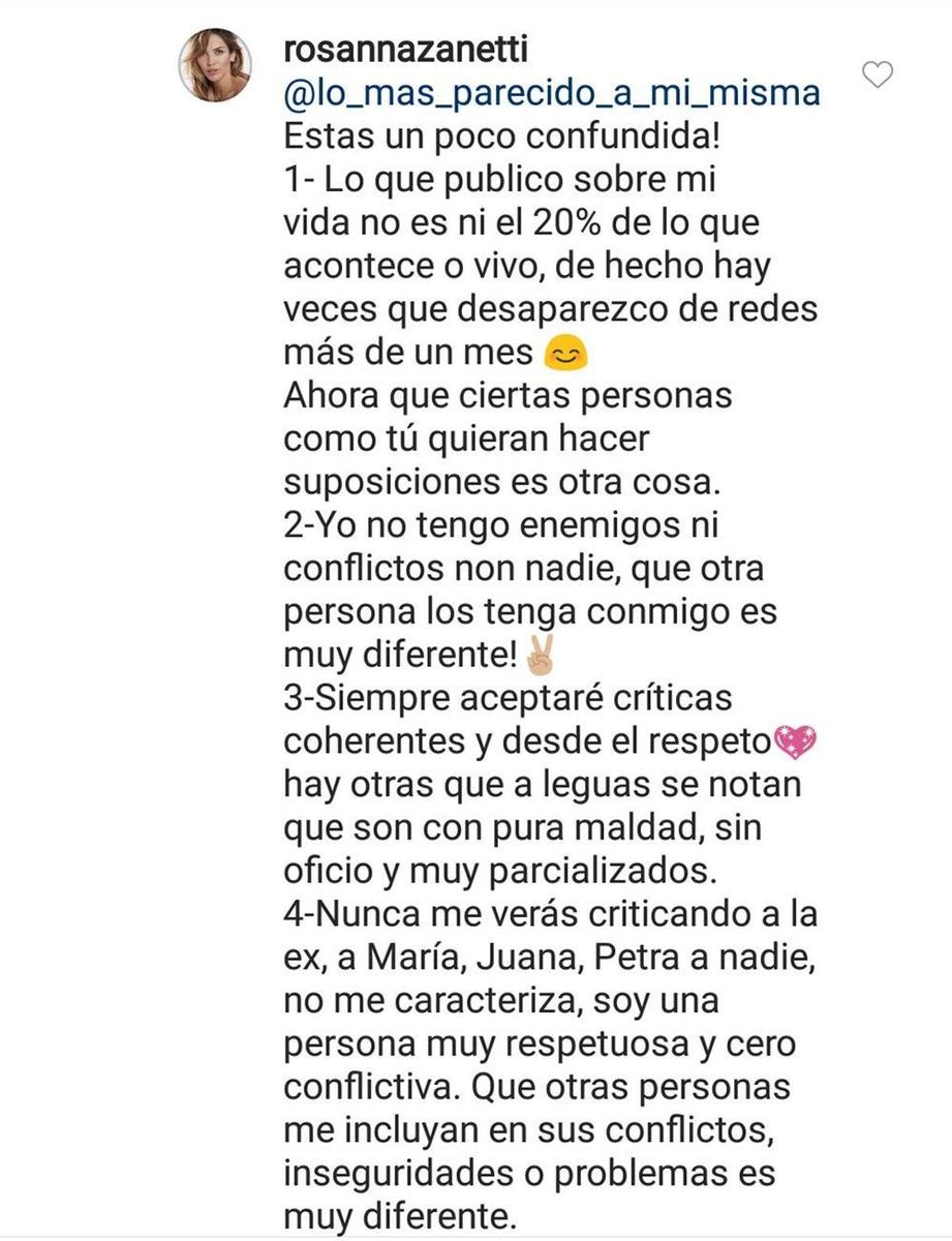 Comentario en Instagram de Rosanna Zanetti a una seguidora de Elena Tablada