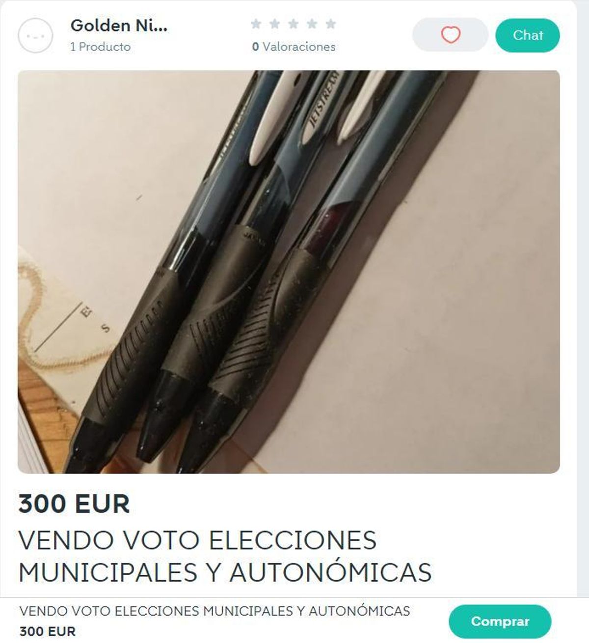 Anuncio de venta de votos en Wallapop para las elecciones del 28-M