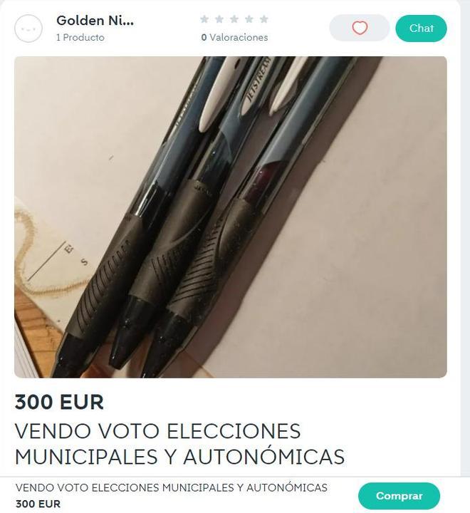 Anuncio de venta de votos en Wallapop para las elecciones del 28-M