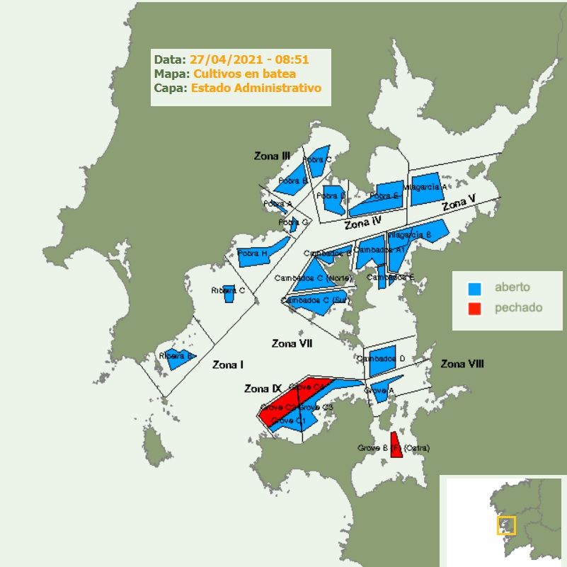 Mapa elaborado en el Intecmar que muestra la situación de los cierres por biotoxinas en Arousa, esta mañana.