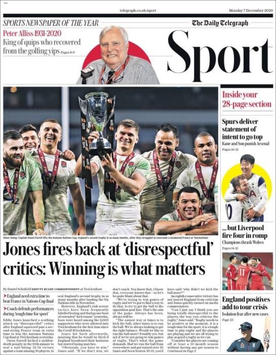 Portada TELEGRAPH SPORT lunes 7 diciembre 2020