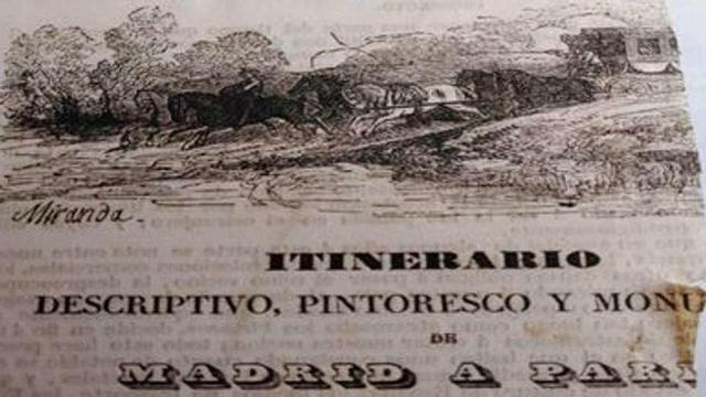 Litografía fragmentada, extraída de un deteriorado folleto de mitad del XIX pra viajeros de la ruta Madrid a París, en donde figura un carruaje y 4 caballos de arrastre. // Archivo del autor