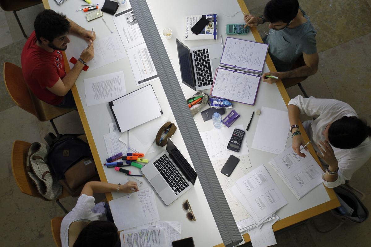 Universitarios preparando exámenes en la biblioteca de Tarongers de la UV.