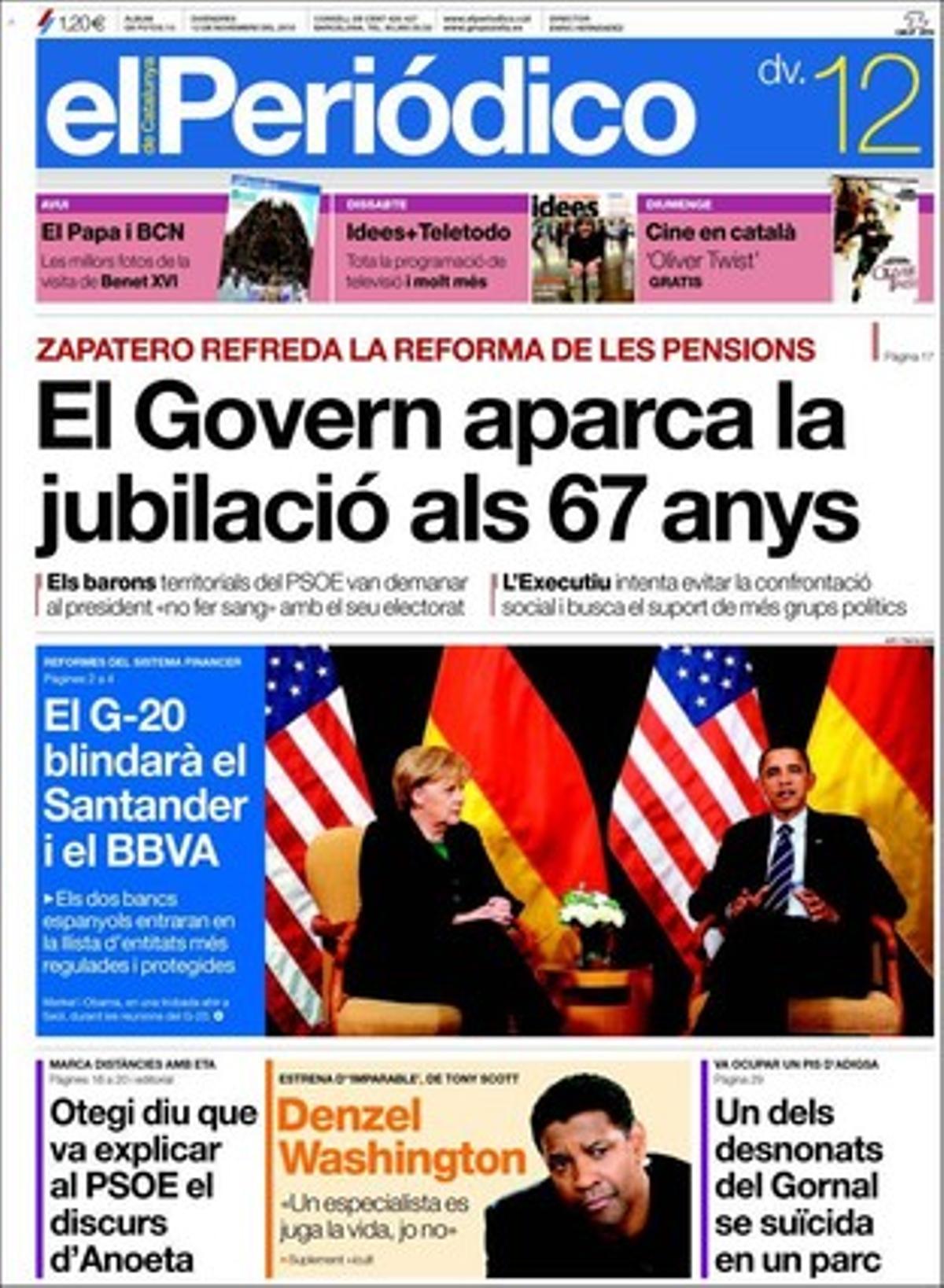 EL PERIÓDICO estrena avui el quadern de les eleccions amb una caricatura de Miquel Ferreres a la portada i la notícia que el Govern endarrereix el codi ètic dels Mossos. A més de les notícies que porta a la portada del cos central, el diari també destaca a dins que els dislèxics demanen un examen de selectivitat que no els discrimini; que els professors faran colònies després la marxa enrere d’Ernest Maragall amb la jornada intensiva del juny, i que Red Bull ja no amaga les seves cartes i es decideix per Webber. El suplement ’+icult’ dissecciona l’oferta cultural del cap de setmana.