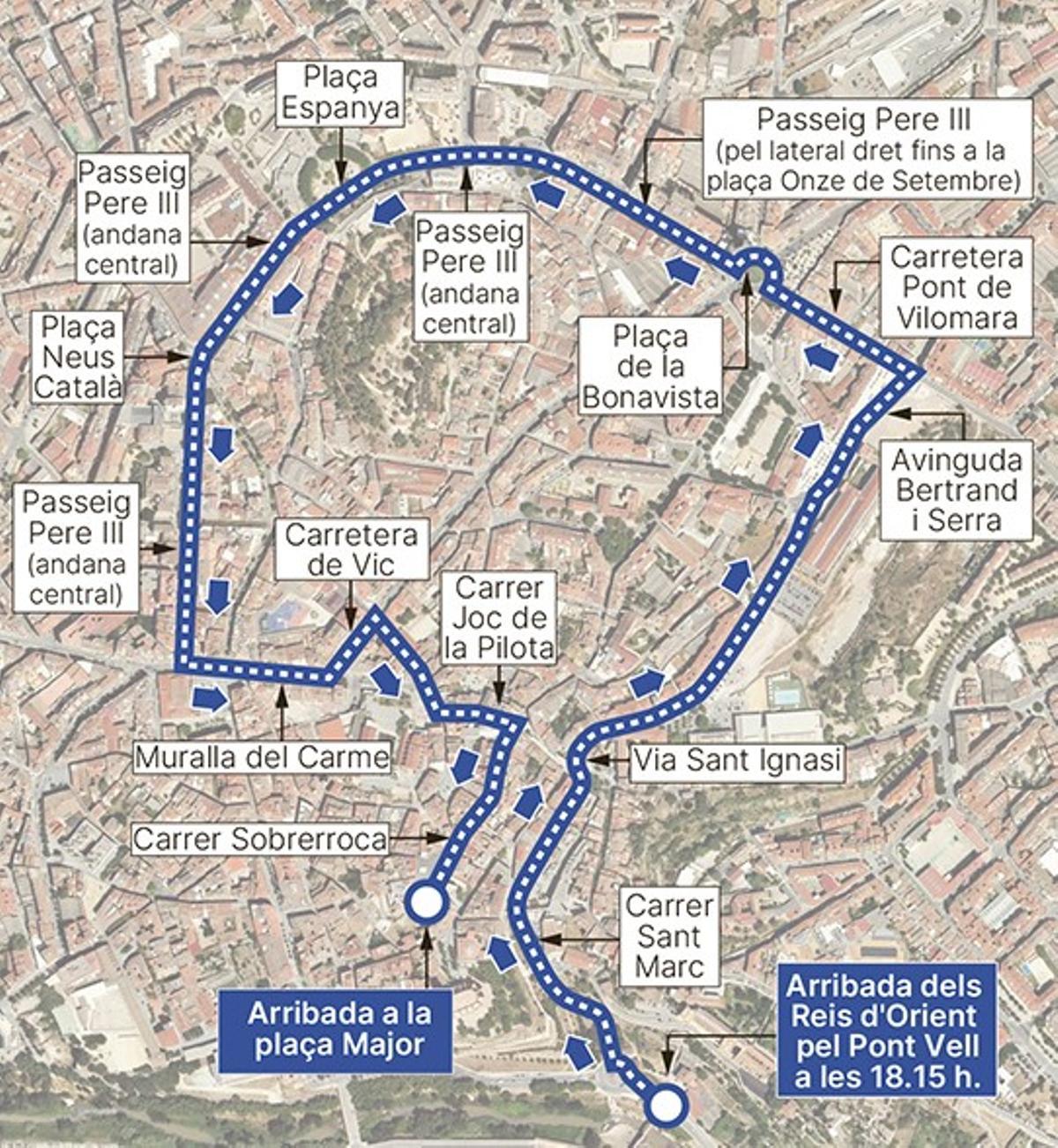 El recorregut que farà el seguici des del Pont Vell fins a la plaça Major