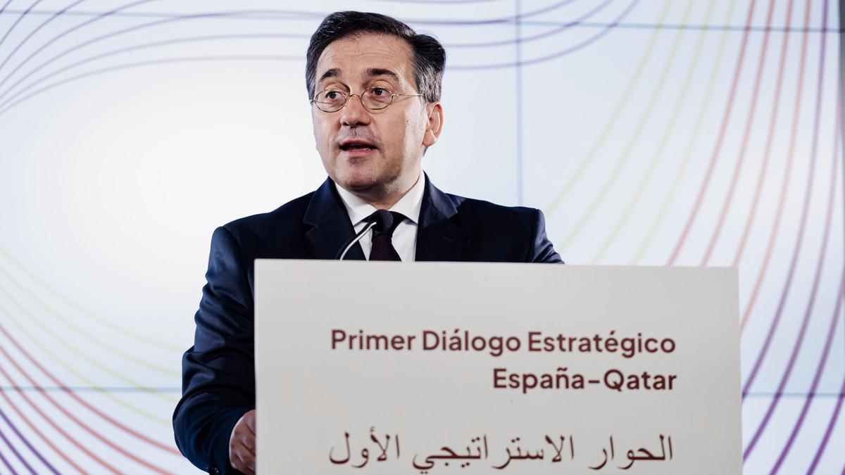 El ministro de Asuntos Exteriores, José Manuel Albares, durante el I Diálogo Estratégico con Qatar, en Madrid.