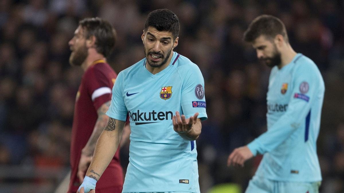 Suárez se enfada tras la eliminación del Barça ante la Roma en la Champions del 2018.