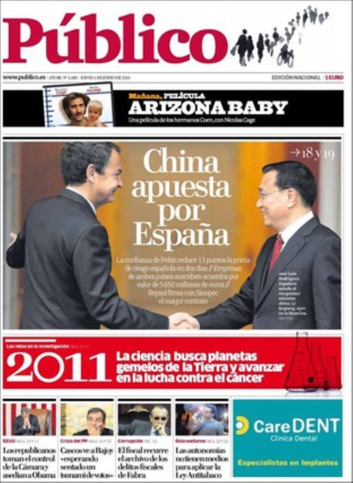 ’Público’ també publica que el fiscal recorre l’arxivament dels delictes fiscals del líder castellonenc del PP, Carlos Fabra; que Joan Ferran ha ultimat un llibre --’El quadrieni dels bàrbars. Dietari subjectiu d’una legislatura’-- amb el qual l’aparell del PSC passa factura al sector catalanista i als socis del tripartit; que la Guàrdia Civil a rescatat a Saragossa una senegalesa retinguda a casa durant un any pel seu marit, i que la radioactivitat creix a Palomares, segons Ecologistes en Acció, al descompondre’s el plutoni en un altre element més perillós.