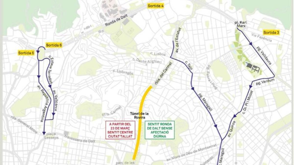 Mapa con los itinerarios alternativos por el cierre parcial del túnel de la Rovira