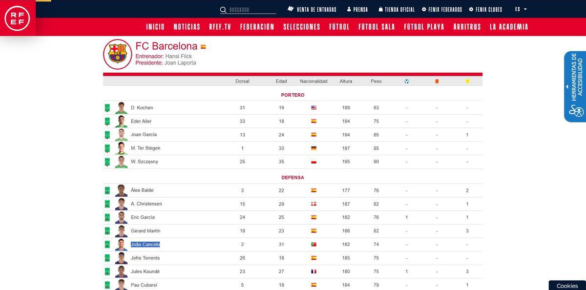 Joao Cancelo inscrito en la web de la RFEF