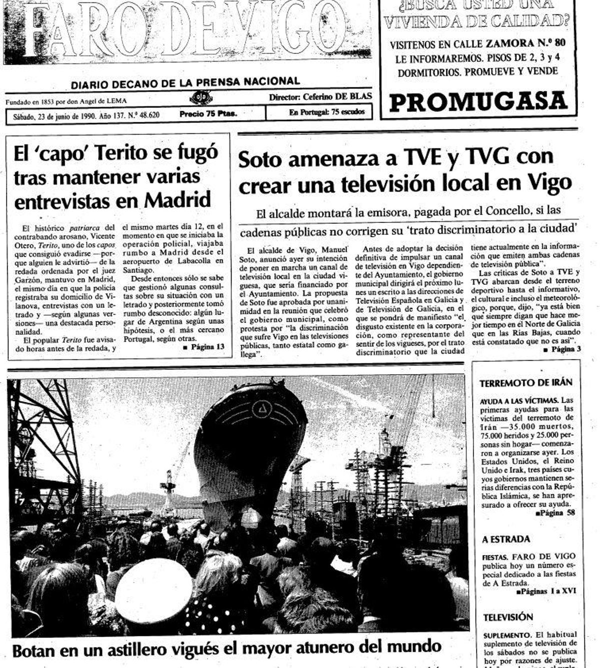 Primera página de FARO del 23 de junio de 1990