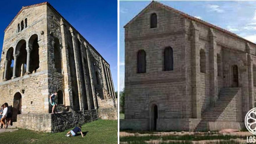 A la izquierda, aspecto que presentaba ayer Santa María del Naranco. A la derecha, la recreación del posible prototipo del palacio asturiano encontrado en las excavaciones de Los Hitos, el yacimiento visigodo de Orgaz, propuesta en el libro &quot;Los Hitos. De palacio a panteón visigodo&quot;.