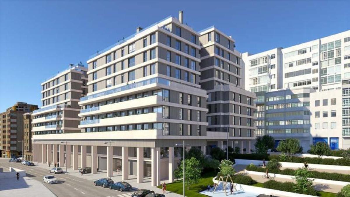 Recreación del edificio que está en construcción en Jacinto Benavente y de la zona verde contigua. / J. L.