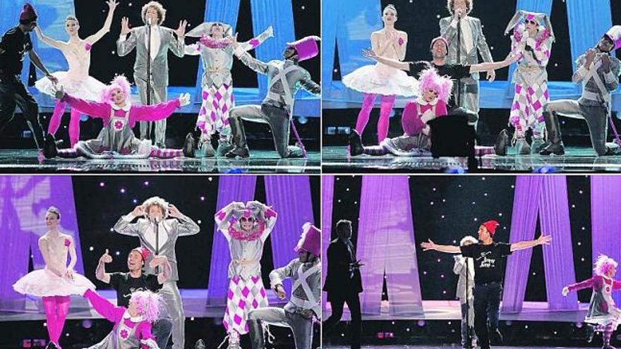 Los Previstos... y uno más. Esta combinación de imágenes muestra la irrupción de «Jimmy Jump» en el escenario mientras Daniel Diges y sus acompañantes interpretaban «Algo Pequeñito» («Something Tiny») en el Festival de Eurovisión celebrado en Oslo. Jaume Marquet Cuna permaneció en el escenario unos 20 segundos.