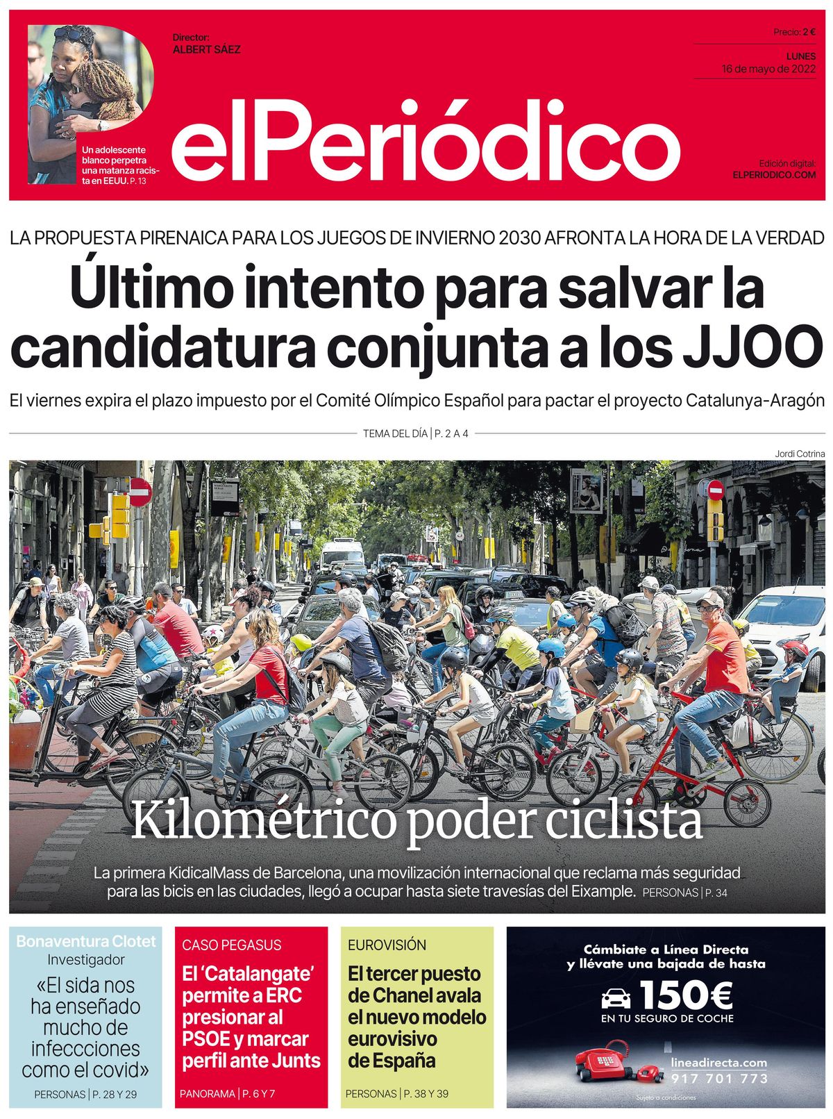 La portada d’EL PERIÓDICO del 16 de maig del 2022 La portada d’EL PERIÓDICO del 16 de maig del 2022