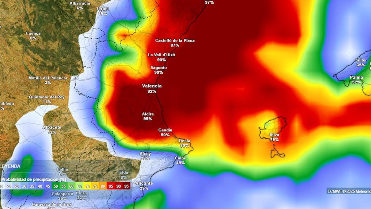Mapa que muestra la previsión de lluvias en Castellón para el sábado.