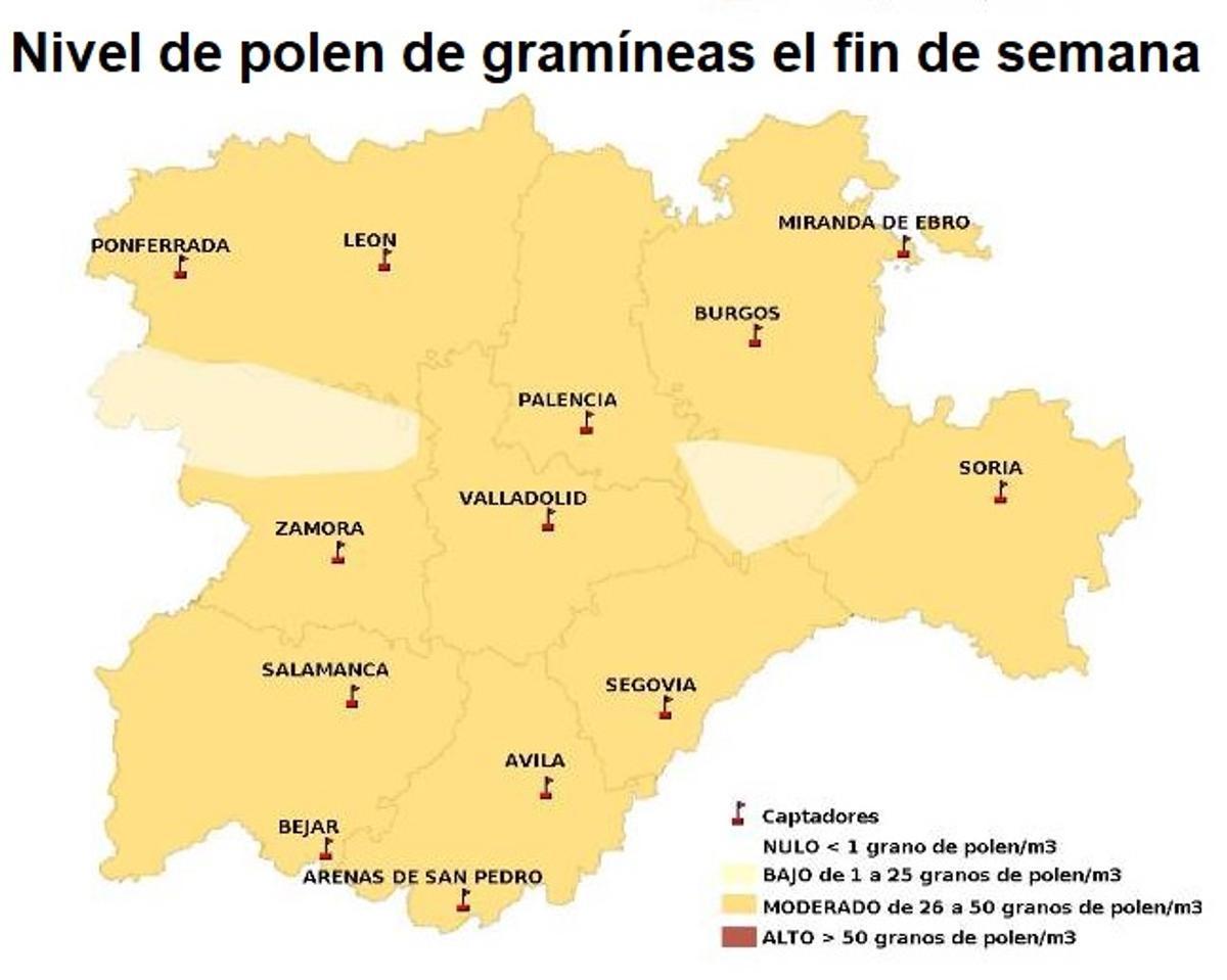 Mapa de previsión del polen de gramíneas el fin de semana