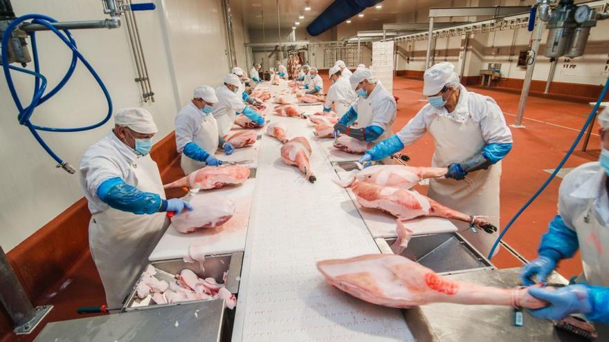 Empleados de una industria cárnica preparan jamones.