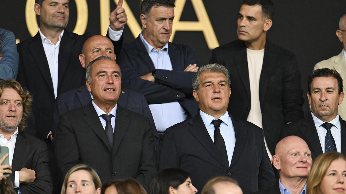 Joan Laporta, al frente de la junta directiva del Barça en Montjuïc. Joan Laporta, al frente de la junta directiva del Barça en Montjuïc.