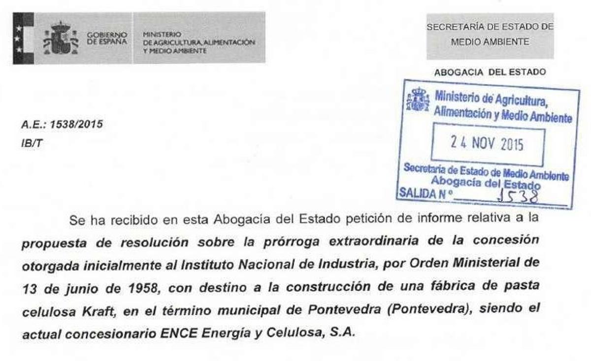 La Abogacía del Estado, que dice ahora que la prórroga de Ence es ilegal, la avaló en 2015