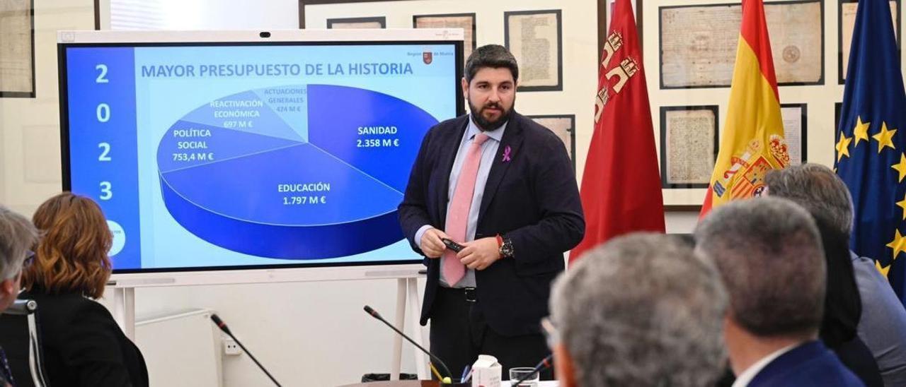 López Miras preside
el Consejo de
Gobierno que ha aprobado los 
Presupuestos.  Israel Sánchez