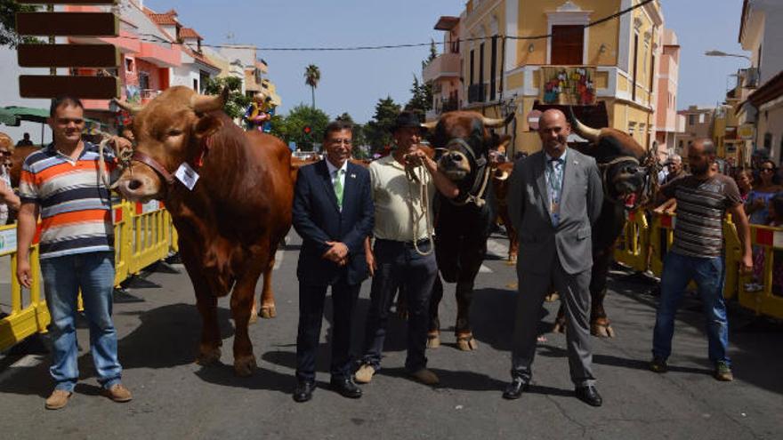 Los ganaderos junto al alcalde de Valsequillo, Francisco Atta, segundo por la izquierda, ayer durante la feria de ganado.