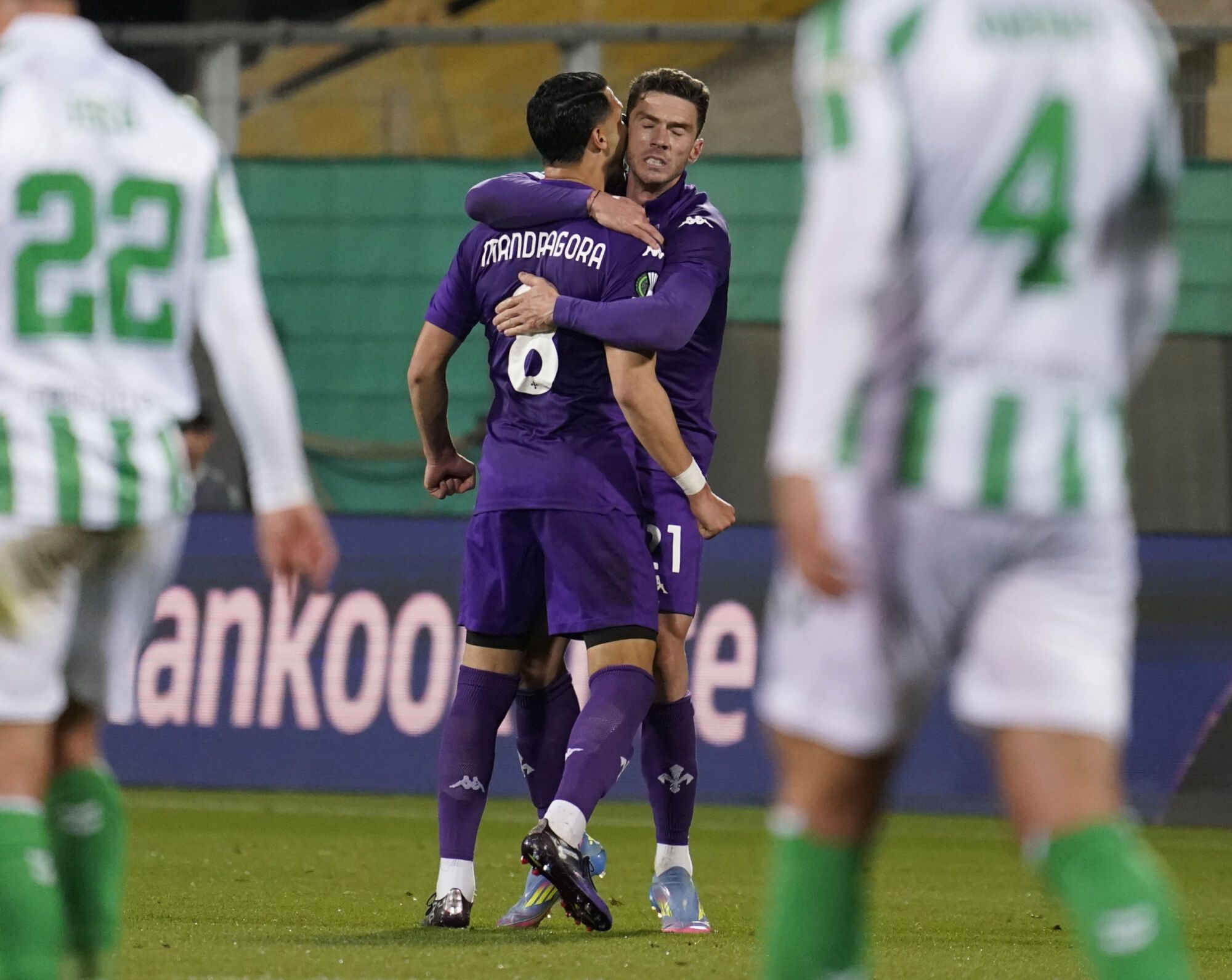 Fiorentina’s Robin Gosens celebrates with Rolando Mandragora after scoring the goal of 1-1 during the UEFA Conference League soccer match between Fiorentina and Betis at Artemio Franchi stadium in Florence, Italy - Thursday, May 08, 2025. (Photo by Marco Bucco/LaPresse )