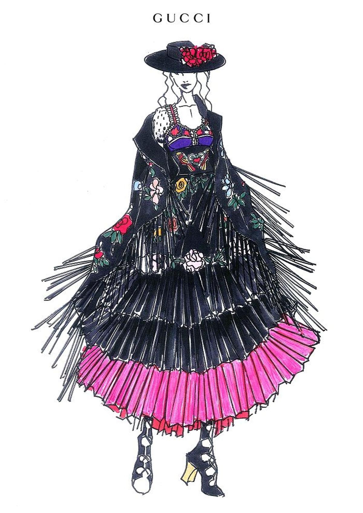 Boceto del traje flamenco de Gucci que luce Madonna en su gira