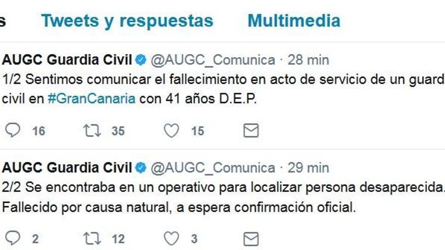 El Twitter de AUGC comunica el fallecimiento del compañero guardia civil.