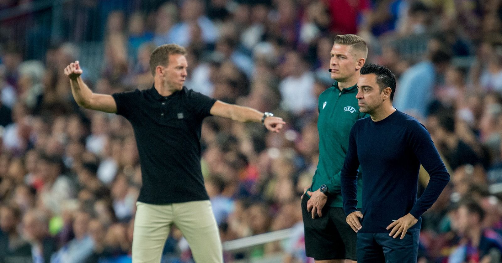 Nagelsmann celebra el 0-1 marcado por Sane en el Camp Nou ante Xavi.