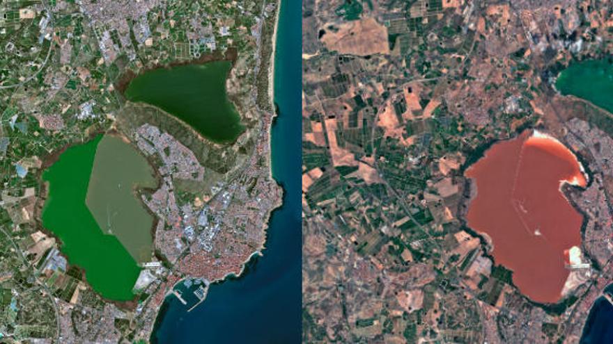 Imágenes del 10 de febrero con la laguna verde (izquierda) y del 19 de agosto de 2019 con la laguna rosa (derecha). Imágenes del satélite Sentinel 2 del Programa Copernicus de la UE procesadas por Nahúm Méndez