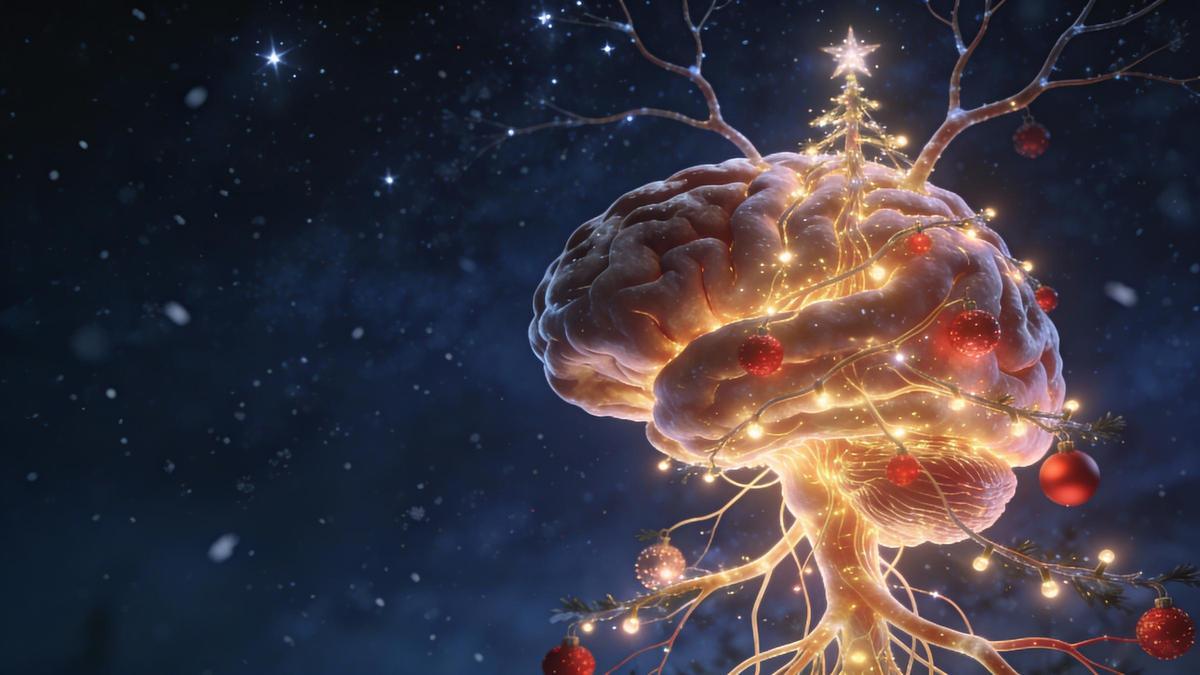 Cerebro iluminado como un árbol de Navidad brillante con vías neuronales como luces festivas.