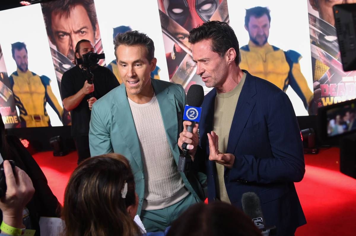 Ryan Reynolds y Hugh Jackman en un evento de promoción de su película 'Deadpool y Wolverine'