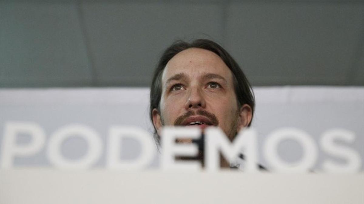 El secretario general de Podemos, Pablo Iglesias, durante la rueda de prensa que ofreció este domingo para valorar los resultados de las elecciones.