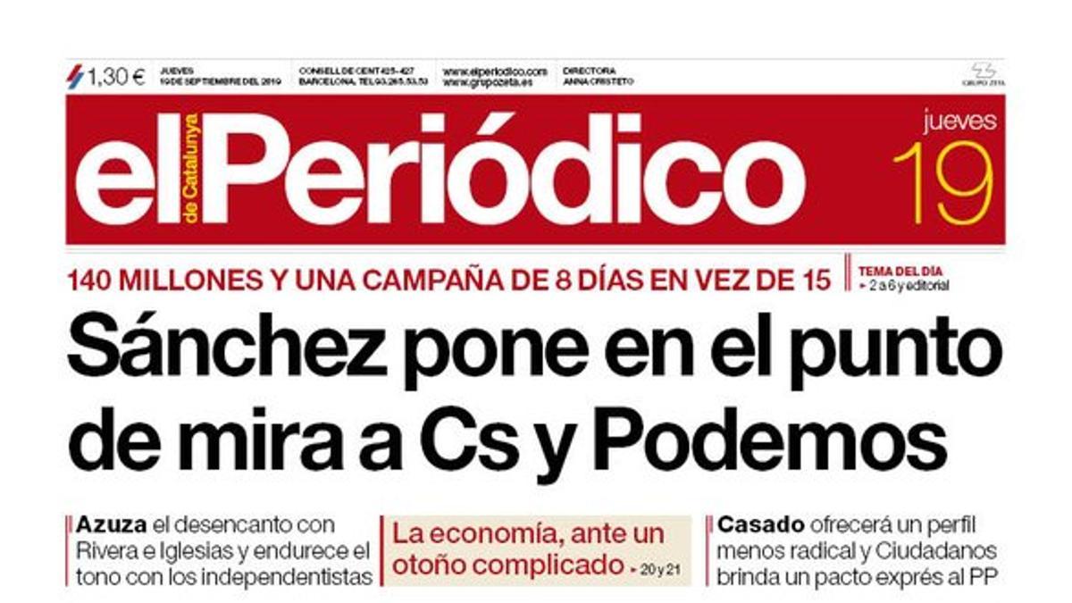 La portada de EL PERIÓDICO del 19 de septiembre del 2019