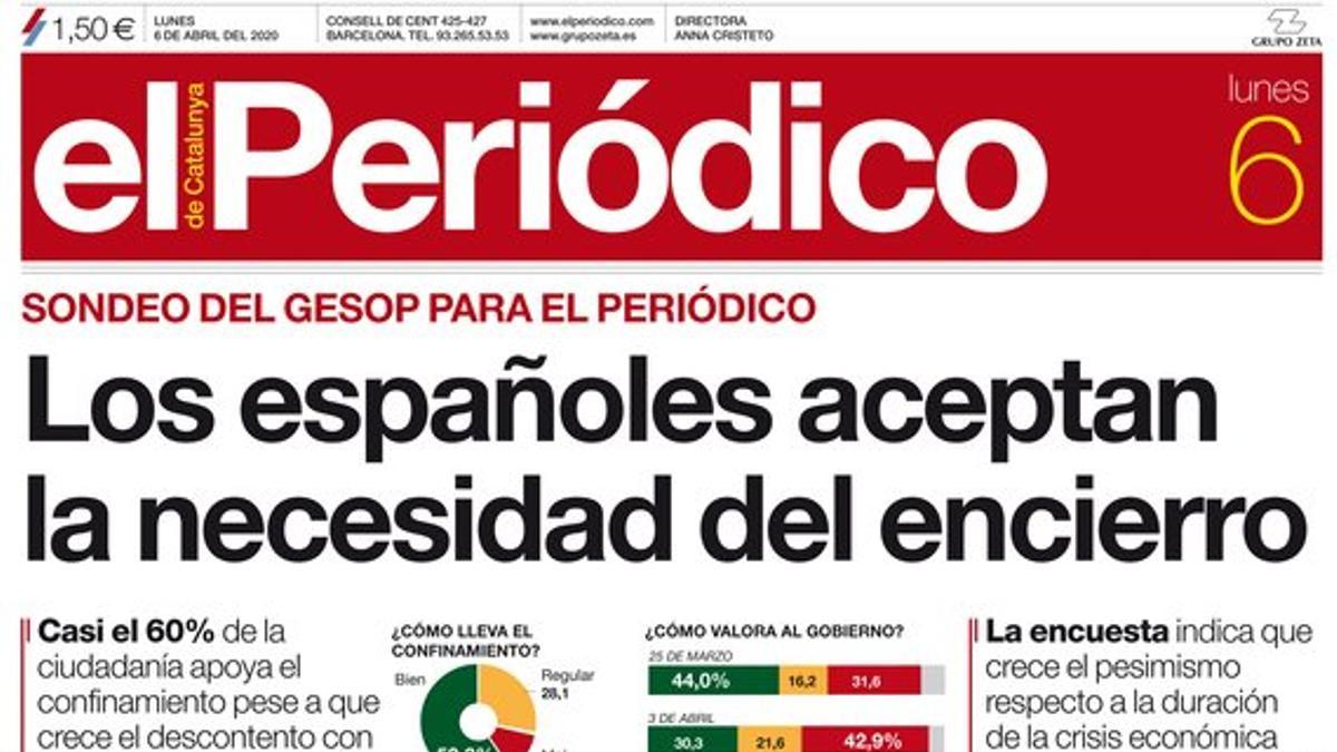 La portada de EL PERIÓDICO del 6 de abril del 2020.