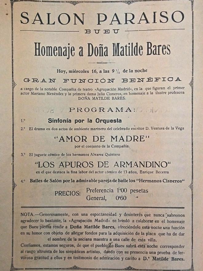 Cartel co programa da homenaxe que se lle brindou a Matilde Bares no salón Paraíso no ano 1932.
