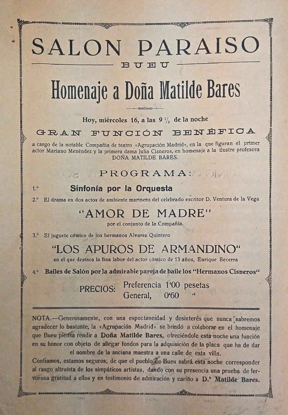 Cartel co programa da homenaxe que se lle brindou a Matilde Bares no salón Paraíso no ano 1932.