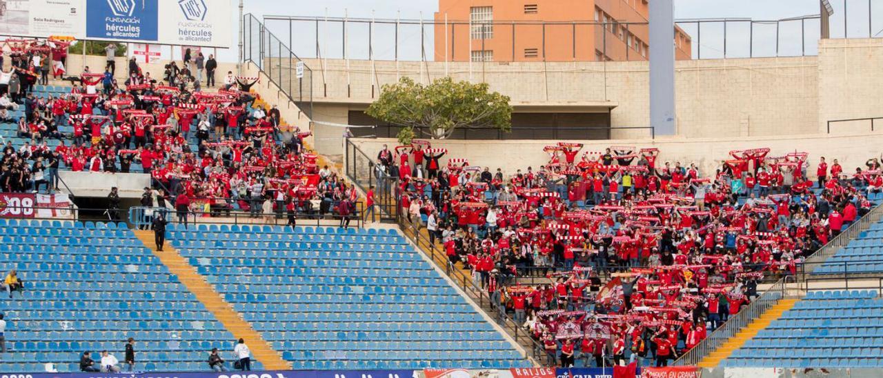 Aficionados granas en el Rico Pérez en el duelo entre el Hércules y Real Murcia este curso.  | DIARIO INFORMACIÓN