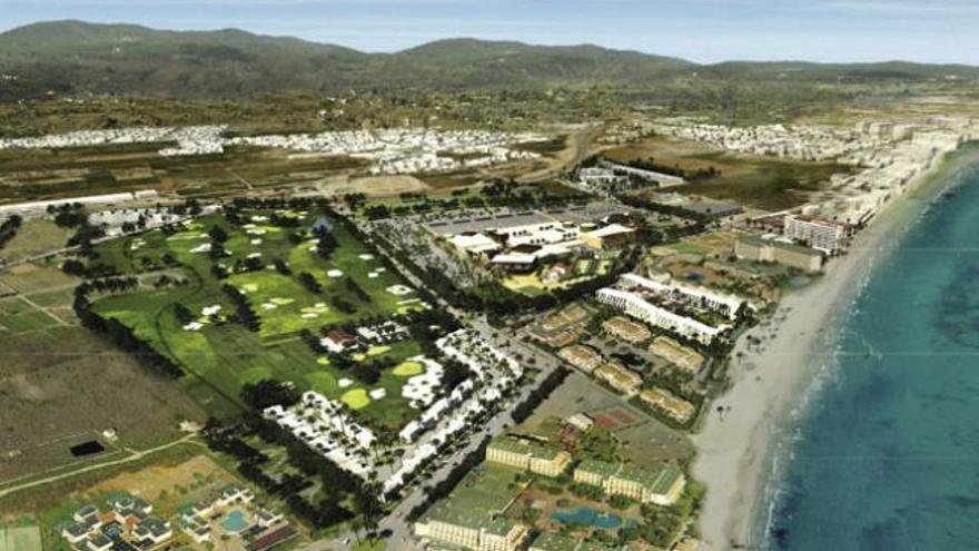 Recreación virtual del campo de golf, el centro comercial y demás construcciones en el entorno de Platja d´en Bossa.