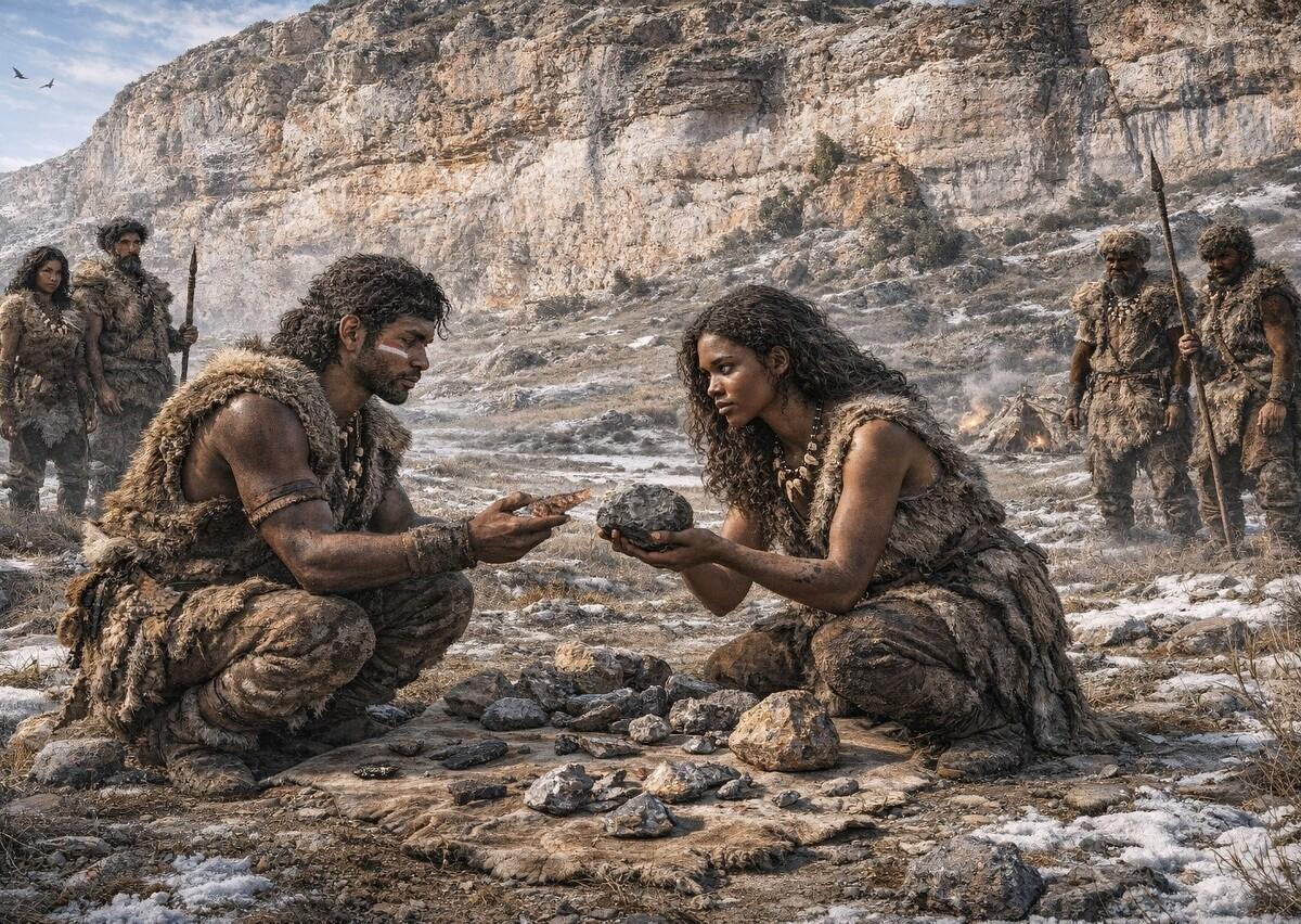 Recreación de intercambio de materias primas líticas en algún lugar entre el centro de la península ibérica y el suroeste francés hace 25000 años. Ilustración realizada con ChatGPT (OpenAI), a partir de instrucciones de los autores y basada en los resultados de la investigación.