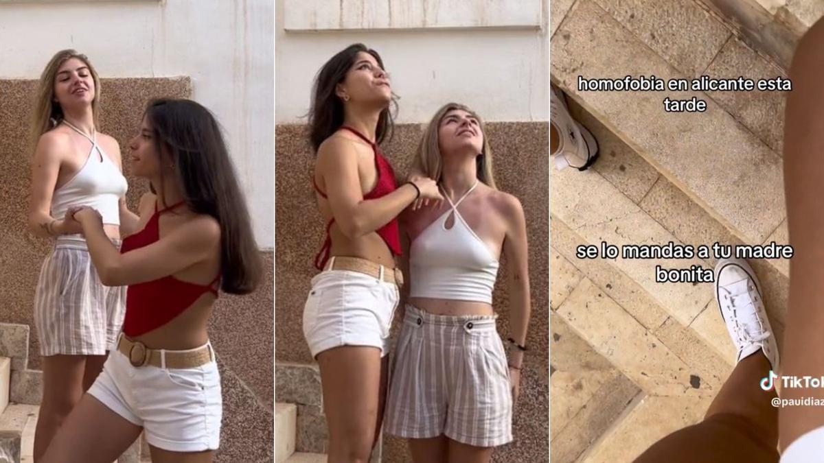 Varios fotogramas del vídeo que recoge el polémico ataque de una vecina de Alicante a una pareja de jóvenes que se estaban haciendo fotos en el barrio de Santa Cruz
