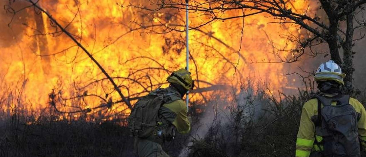 Bomberos forestales en marzo durante el fuego en Vilanova. // Bernabé/Javier Lalín