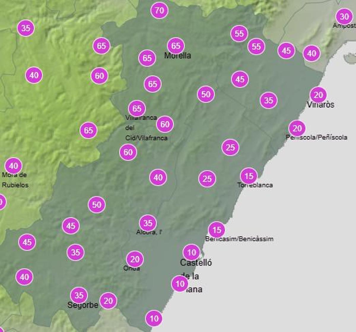 Probabilidad de precipitaciones para el miércoles 15 entre las 12.00 y las 18.00 horas