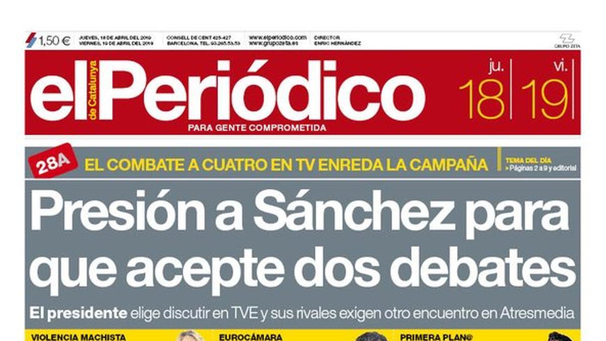 La portada de EL PERIÓDICO del 18 de abril del 2019